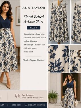 Ann Taylor Cream and Navy Floral Belted A-Line Midi Skirt
